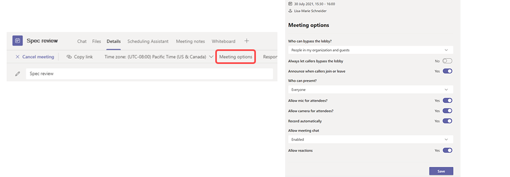 Two screenshots show the settings for the automatic recording of meetings.
