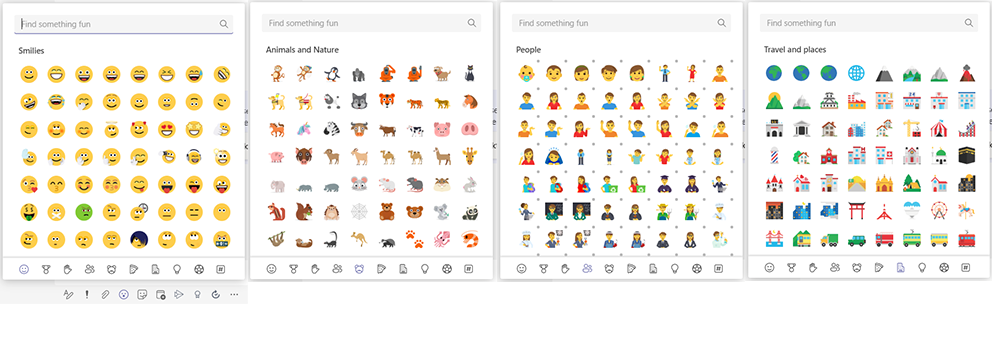 Fire skærmbilleder viser et udvalg af de nye emojis i Microsoft Teams.