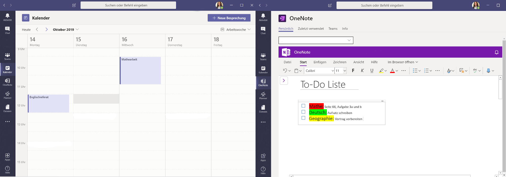 Calendar overview in Microsoft Teams and list creation in OneNote