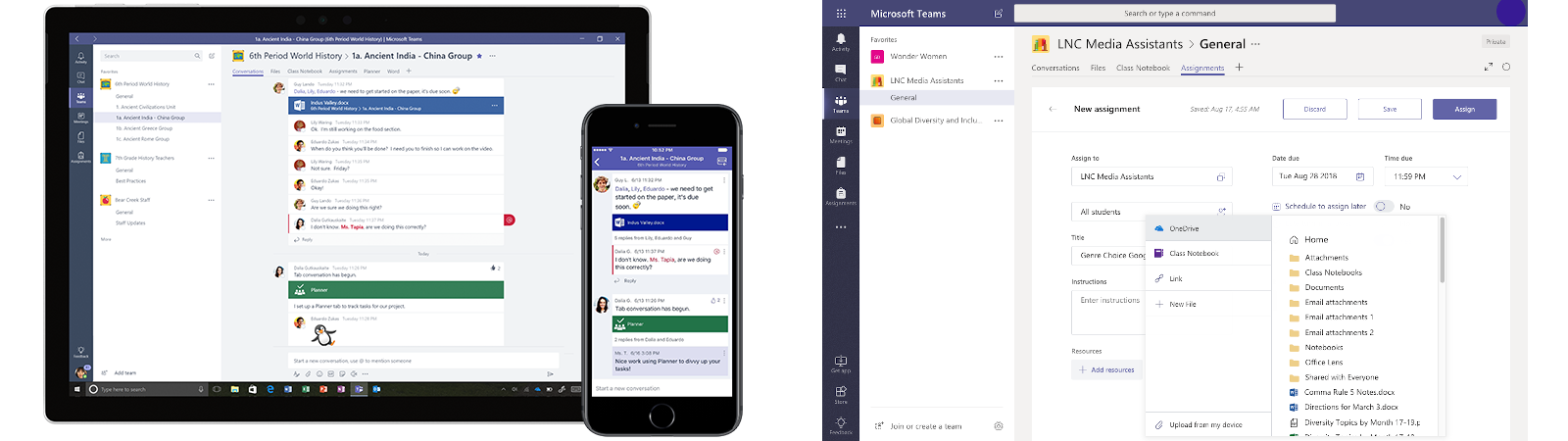 Two screenshots show the Microsoft Teams application