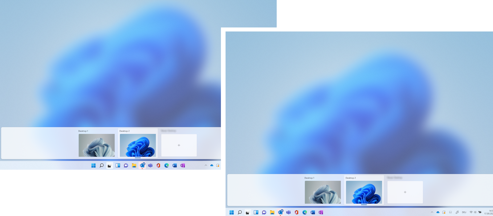 Two screenshots show different desktop and taskbar variants in Windows 11