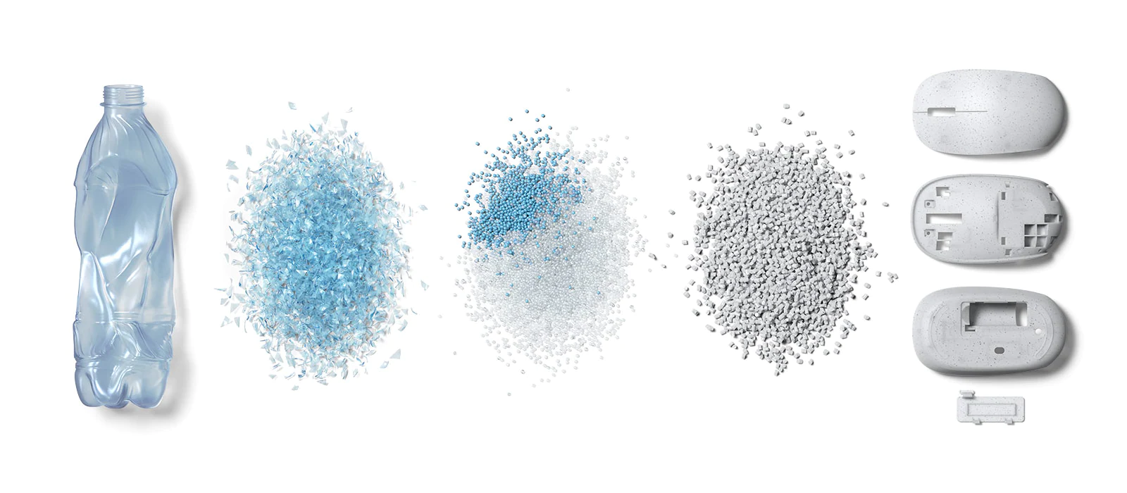 The image shows the different steps of an old plastic bottle becoming the shell of the Microsoft Ocean Plastic Mouse.