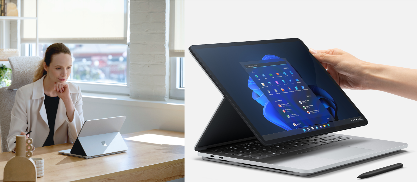 Two images show the Surface Laptop Studio in detail and in use. 