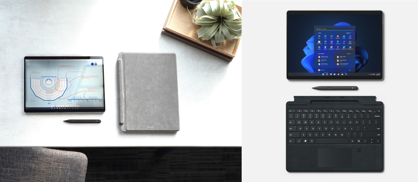 To billeder viser den nye Surface Pro 8 samt det nye Type Cover og Surface Slim Pen 2.