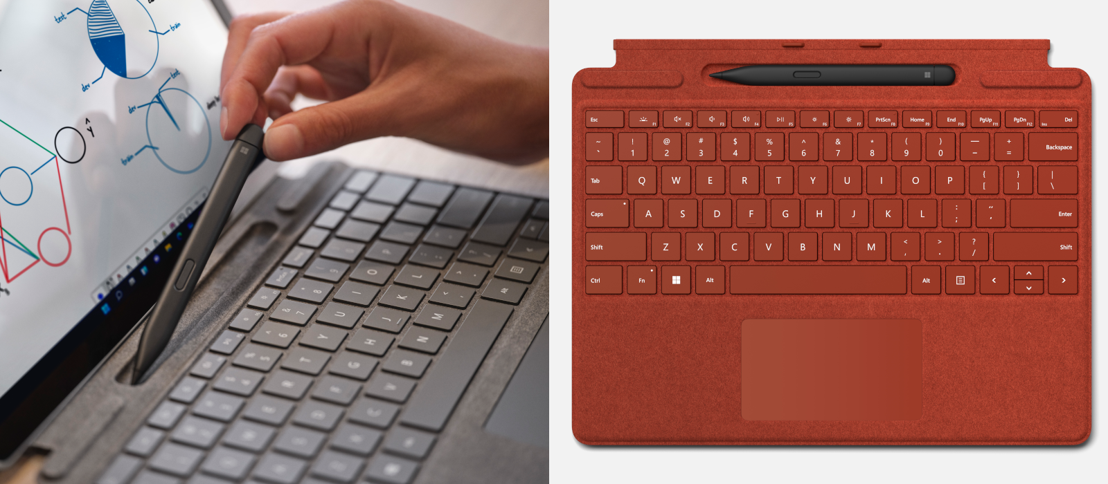 To billeder viser Slim Pen 2 og Surface Pro 8 Signature Keyboard.