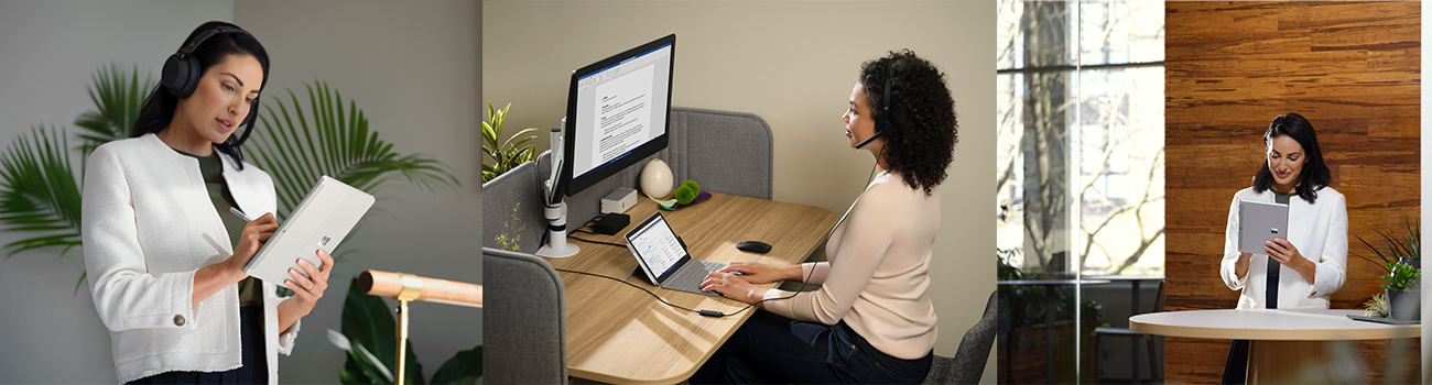 Three different images show the Surface Go 3 in use in an office environment.