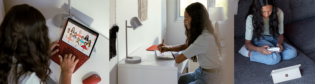 Three different images show the Surface Go 3 in use for educational purposes and gaming. 