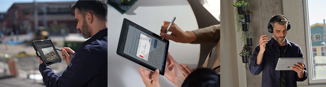 Drei verschiedene Bilder zeigen das Surface Go 3 im mobilen Einsatz.
