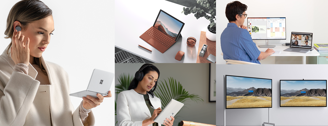 Eine Collage zeigt die fünf neuen Surface Geräte aus dem Jahr 2021.