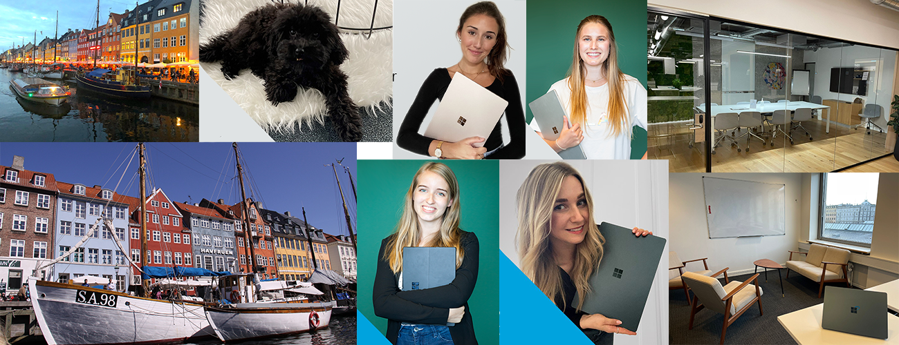 A collage shows pictures of different employees as well as office space and the harbour in Copenhagen.