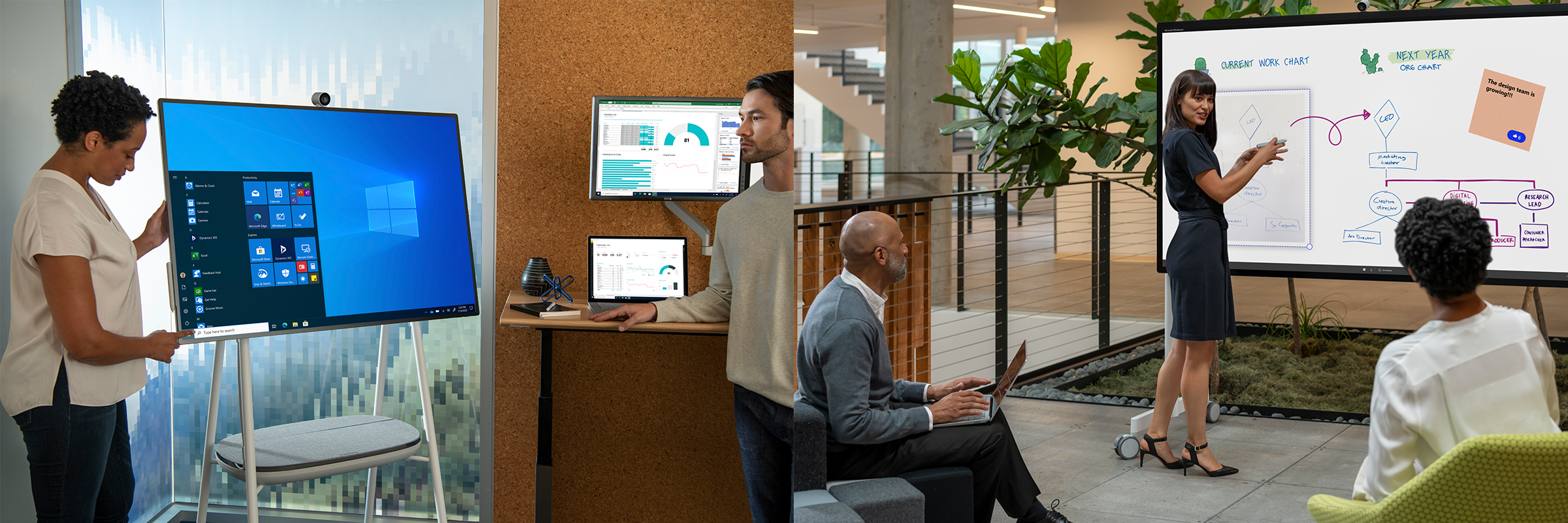 Zwei Bilder zeigen das Surface Hub im Einsatz in Büroräumen.