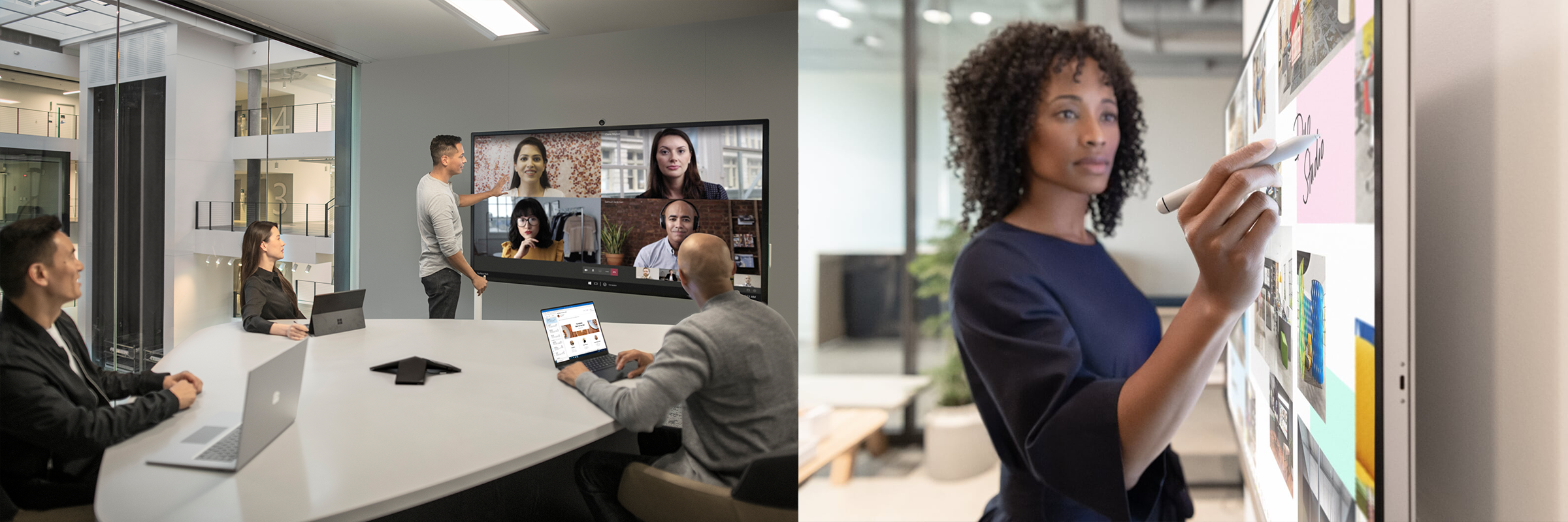 Two images show the Surface Hub in use. One in a meeting room, the other in detail.