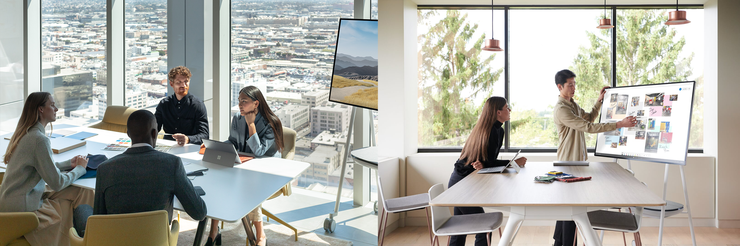To billeder viser hvordan Surface Hub bruges i mødelokaler