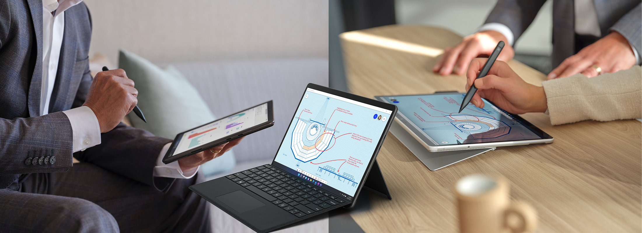 Eine Collage zeigt zwei Bilder des Surface Pro 8 