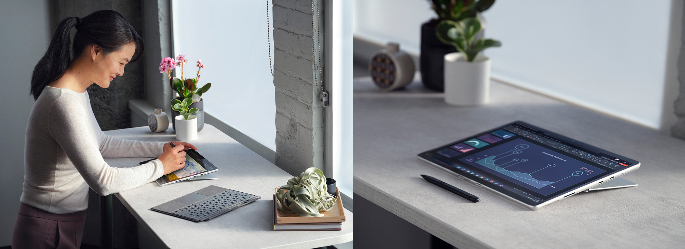 Eine Collage aus zwei Bildern zeigt das Surface Pro 8 mit aufgestelltem Kickstand