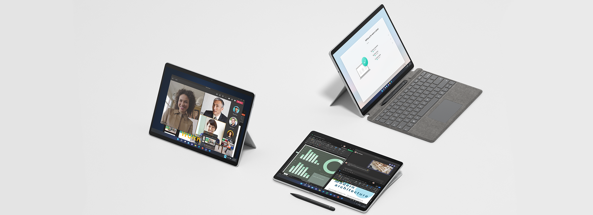A picture shows the Surface Pro 8 in three different positions