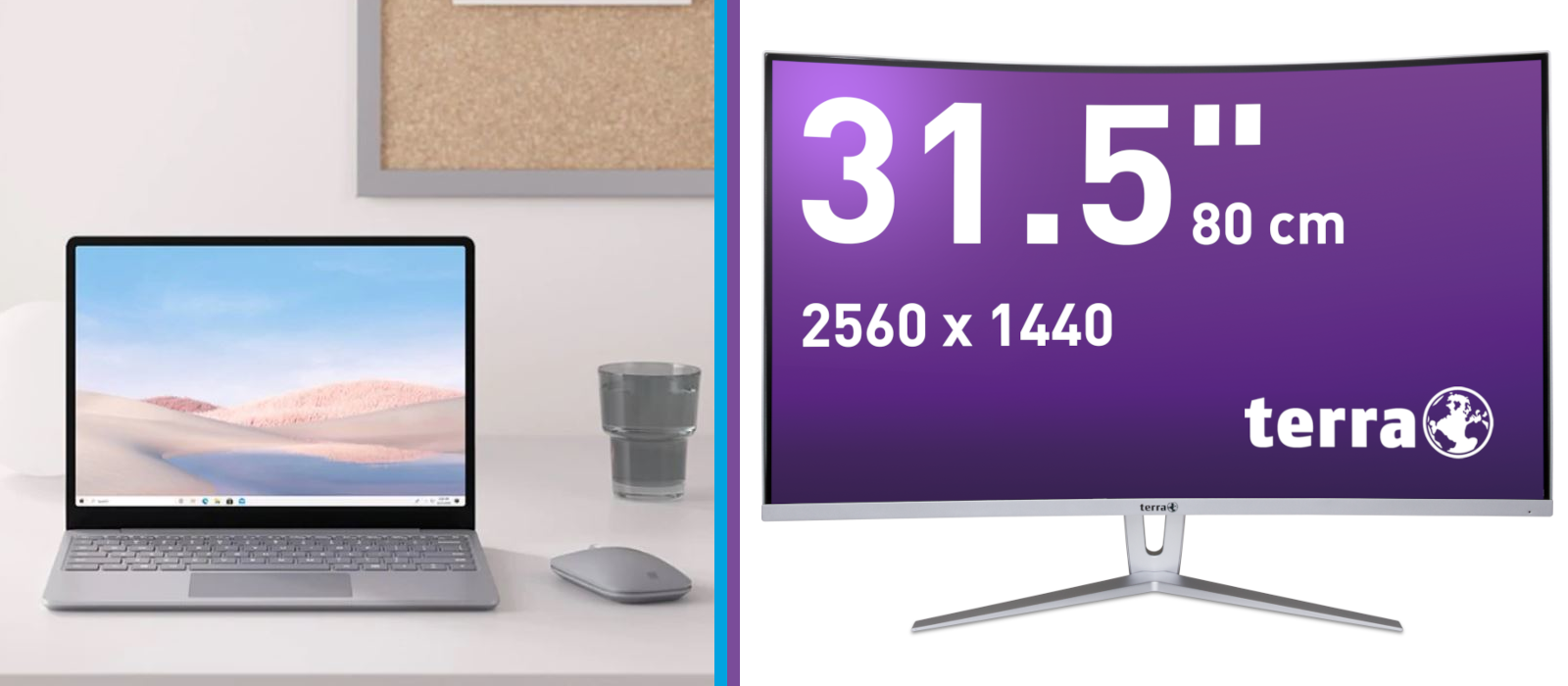 Two images show desktop workstation solutions with Microsoft Surface Laptop Go, accessories and the TERRA Monitor 3280W CURVED