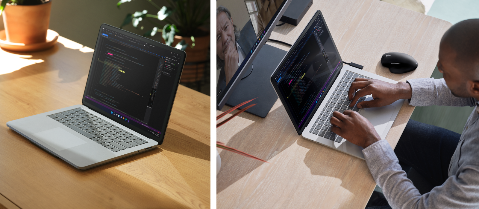 Zwei Bilder zeigen Surface Laptop Studio im Laptop Mode