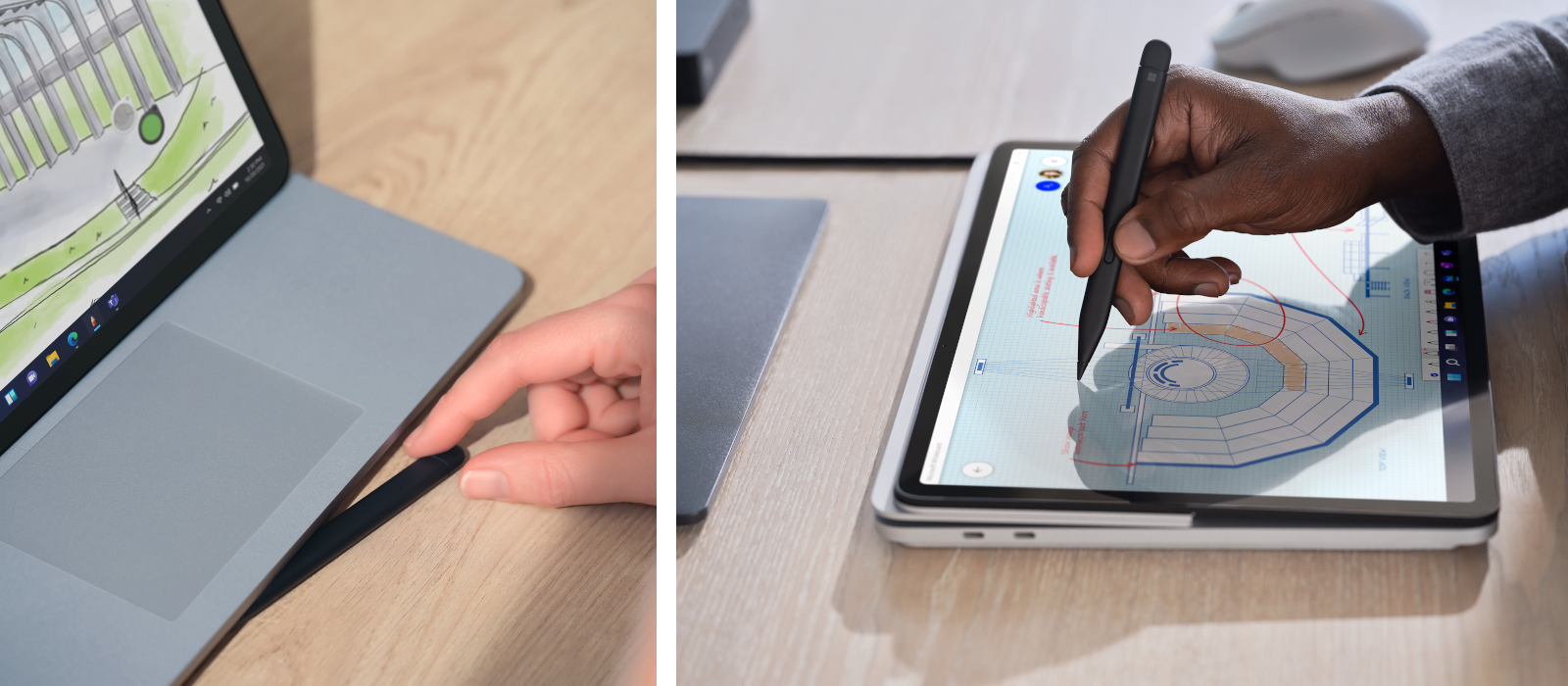 Zwei Bilder zeigen Surface Laptop Studio im Studio Mode