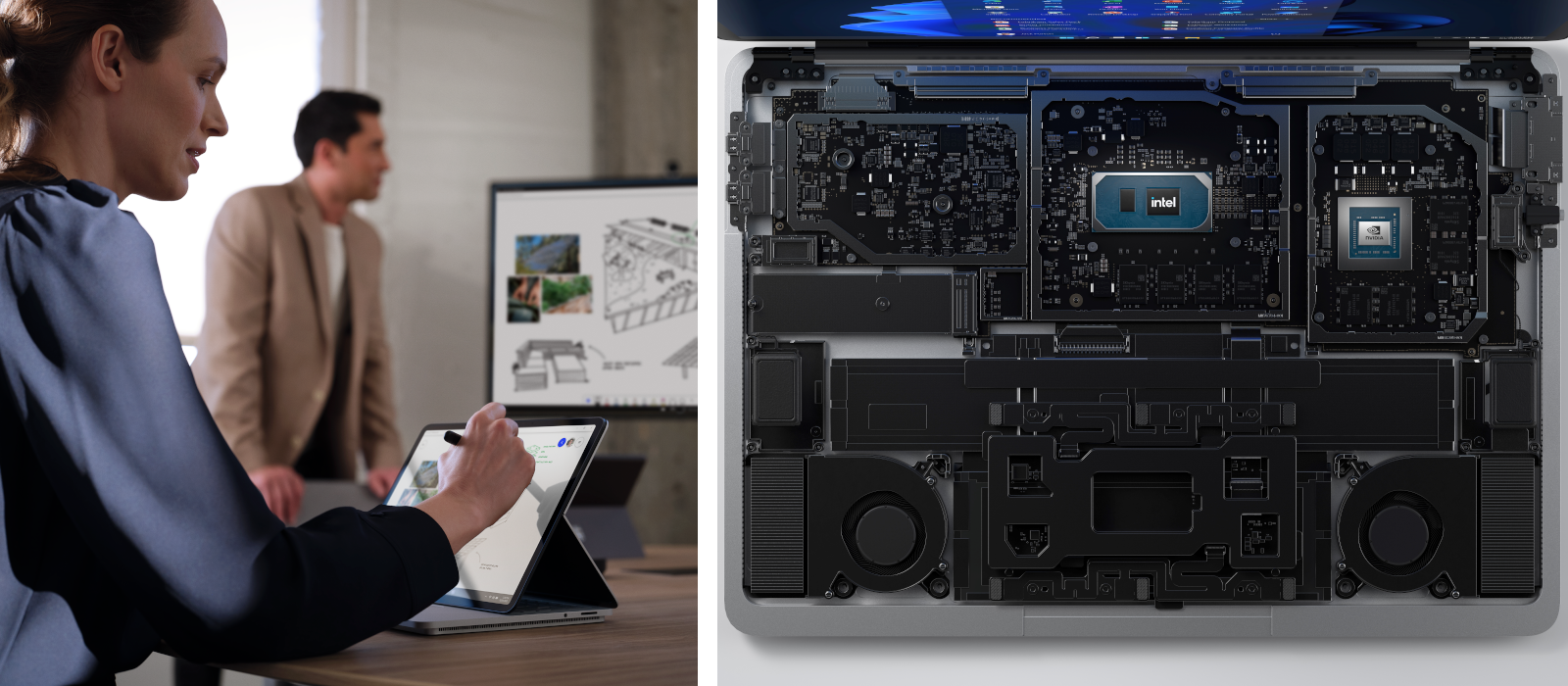 Das linke Bild zeigt eine Person, die in einem Meetingraum am Surface Laptop Studio arbeitet, das rechte Bild zeigt eine detaillierte Ansicht der verbauten Technik im Surface Laptop Studio
