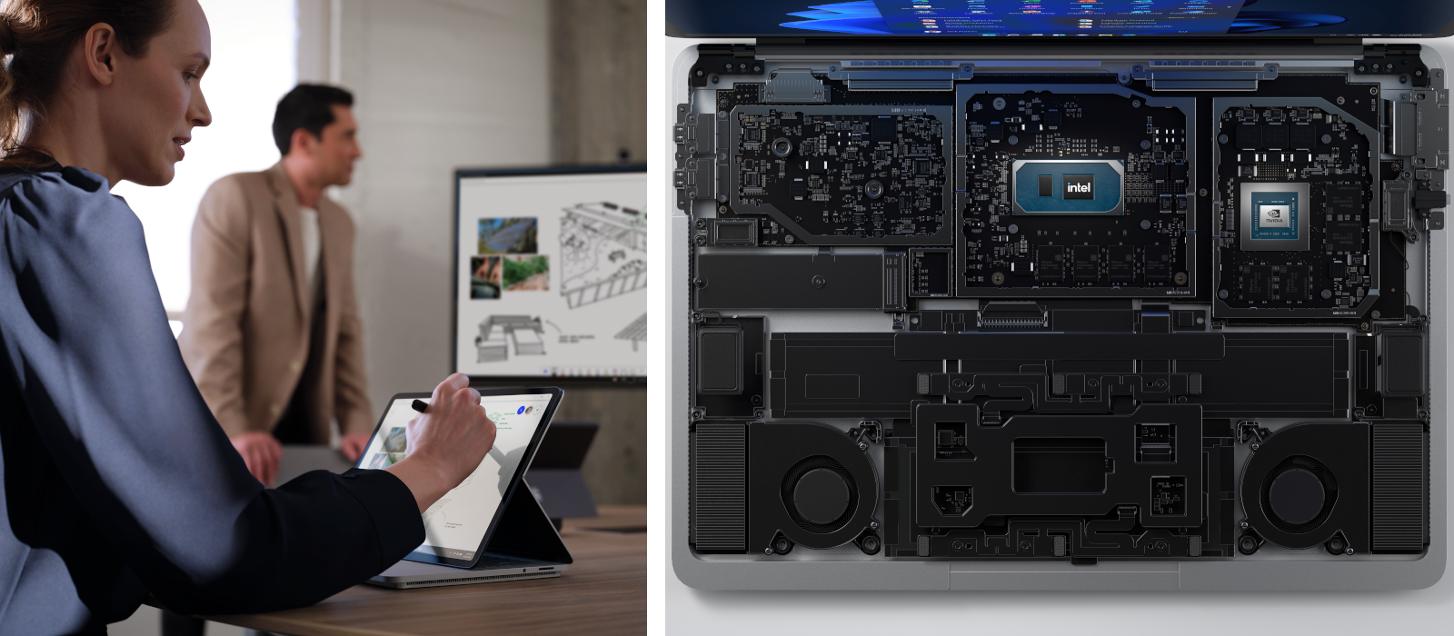 The left image shows a person working on the Surface Laptop Studio in a meeting room, the right image shows a detailed view of the built-in technology in the Surface Laptop Studio