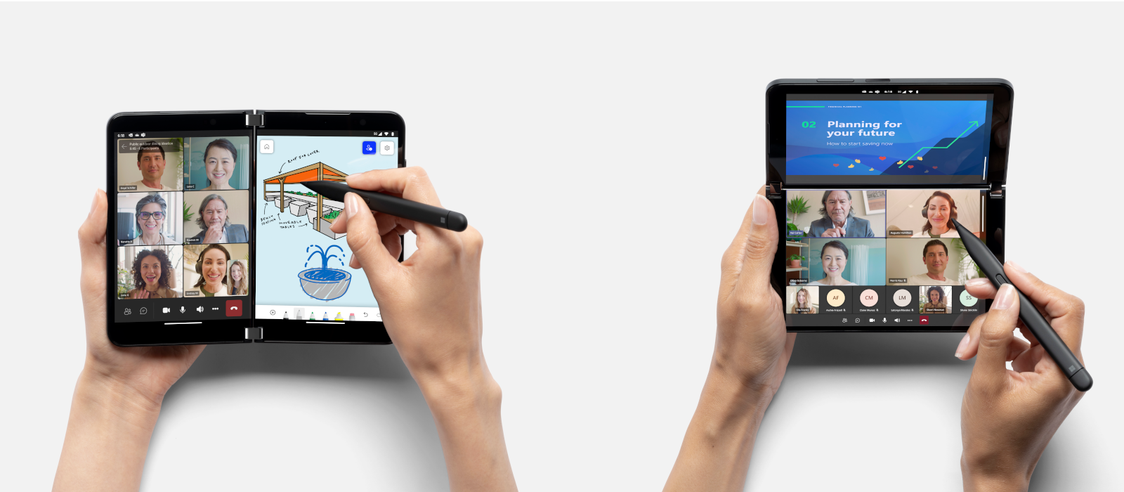 Zwei Bilder nebeneinander zeigen das Surface Duo 2 im Book Mode und Compose Mode 