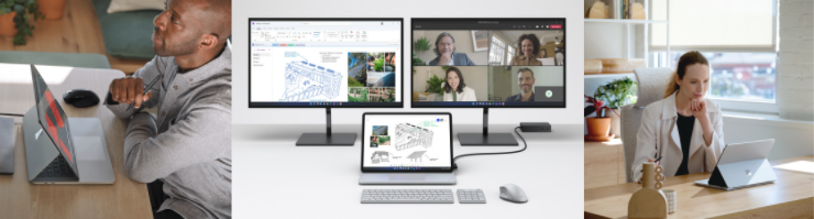 Surface Laptop Studio is shown in three images in different situations with people at work
