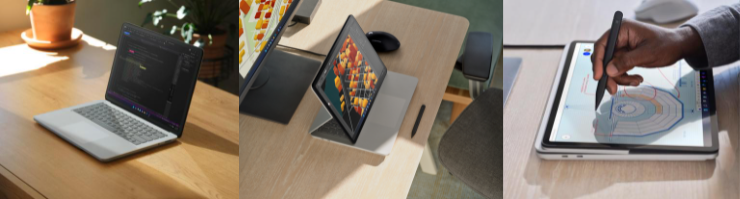 Surface Laptop Studio ist auf drei Bildern in verschiedenen Situationen an Arbeitsplätzen dargestellt