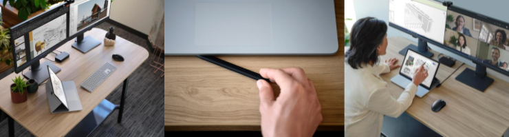 Surface Laptop Studio ist auf drei verschiedenen Bildern an Arbeitsplätzen dargestellt, die die Nutzung des Surface Slim Pen 2 und Erweiterung mit zwei Displays präsentieren