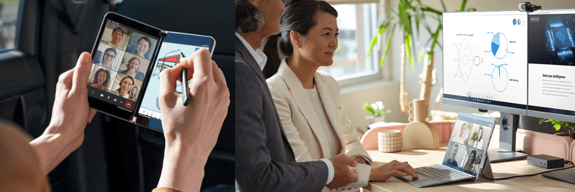 Eine Frau präsentiert am Surface Hub 2 vor zwei Personen. Ein Mann arbeitet am Surface Studio 2, eine Frau schaut ihm zu.